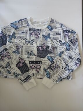 Sunday White Pullover with Blue & Pink Butterfly Print